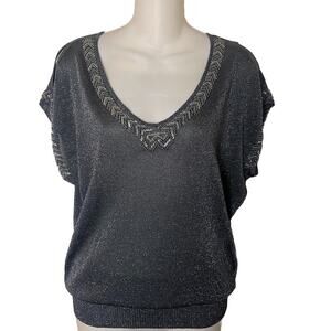 Cache Beaded Embellished Cold Shoulder Knit Top Sz Small Gray Metallic